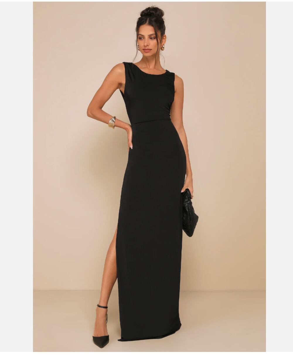 Lulus NEW Significant Allure Black Slinky Knit Ruched Maxi Dress Formal Medium